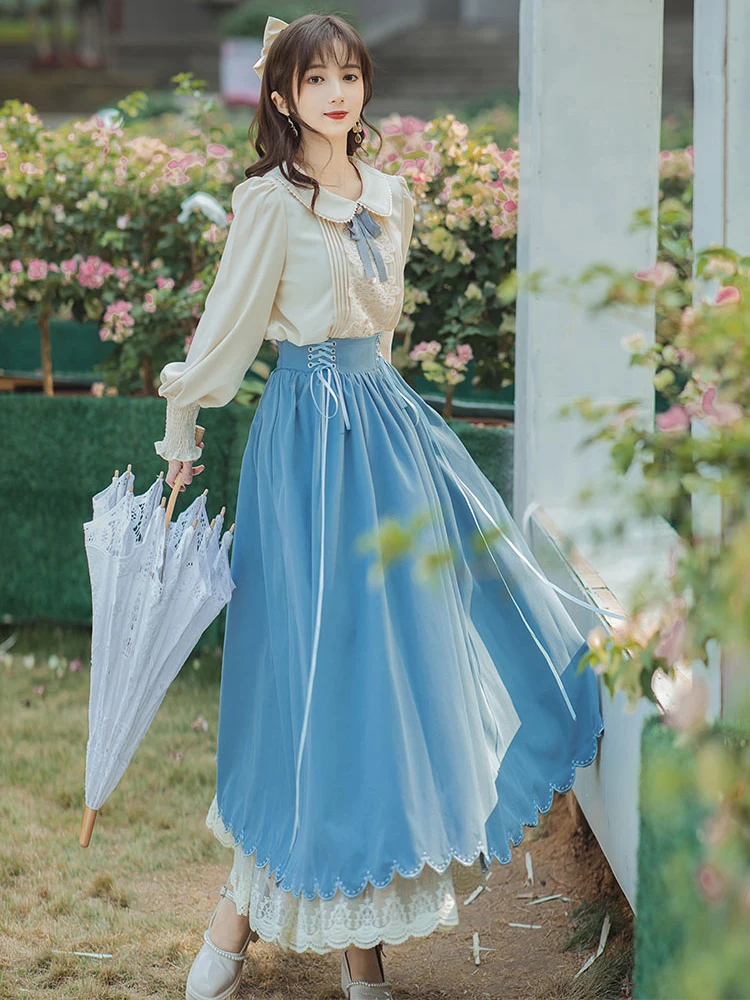 Lolita Style Two Piece Skirt Set Women Spring Autumn Long Sleeve Embroidery Bow Shirt and Lace Patchwork Skirts Outfits