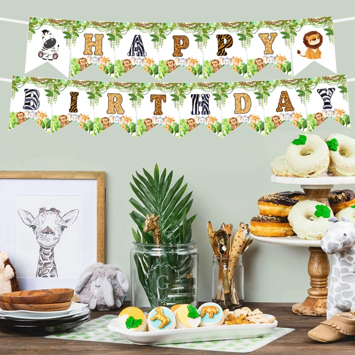 Forest Animal Birthday Banner Jungle Safari Kids One 1st Birthday Banner Monekey Giraffe Happy Birthday Party Decor HangingFlags