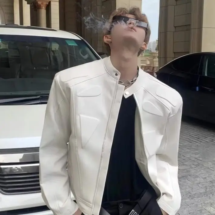High-end PU Jacket For Men Shoulder Pads Motorcycle Stylish American-style Autumn Cool Outerwear Mens Clothing Coat Punk Rave