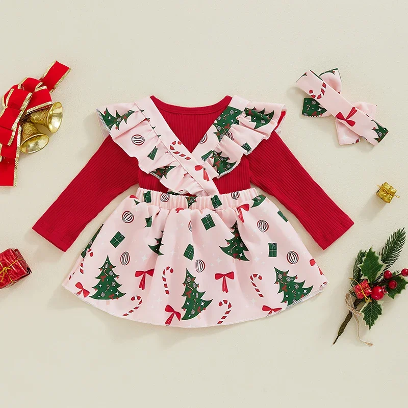 Christmas Newborn Baby Girls Clothing Sets Red Ribbed Long Sleeve Rompers+Xmas Tree/Santa Claus Print Suspender Skirts Headband