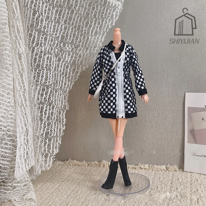 30cm Babi Doll Clothes Parts Winter Checkered Baseball Jacket Skirt+Zipper Jacket+Shoes Set For 1/6 FR Supermodels Doll Dress Up
