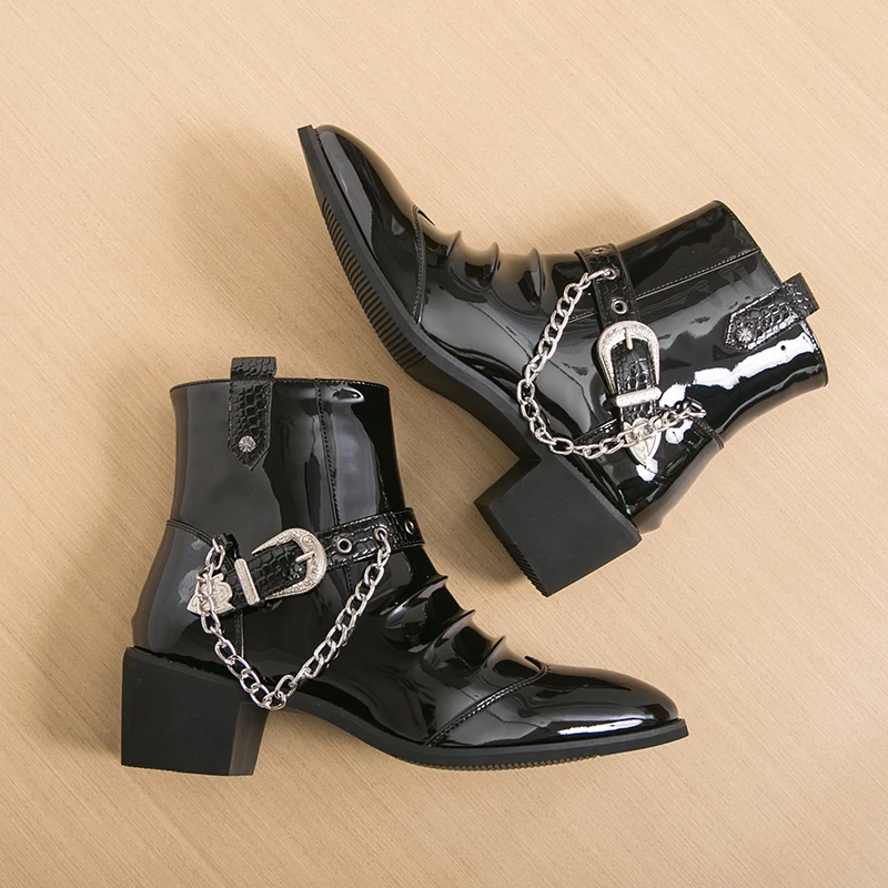 

Men Pleated High Top Chelsea Boots with Belt Buckle Chain Decoration Personalized Retro High Heeled Men Boots