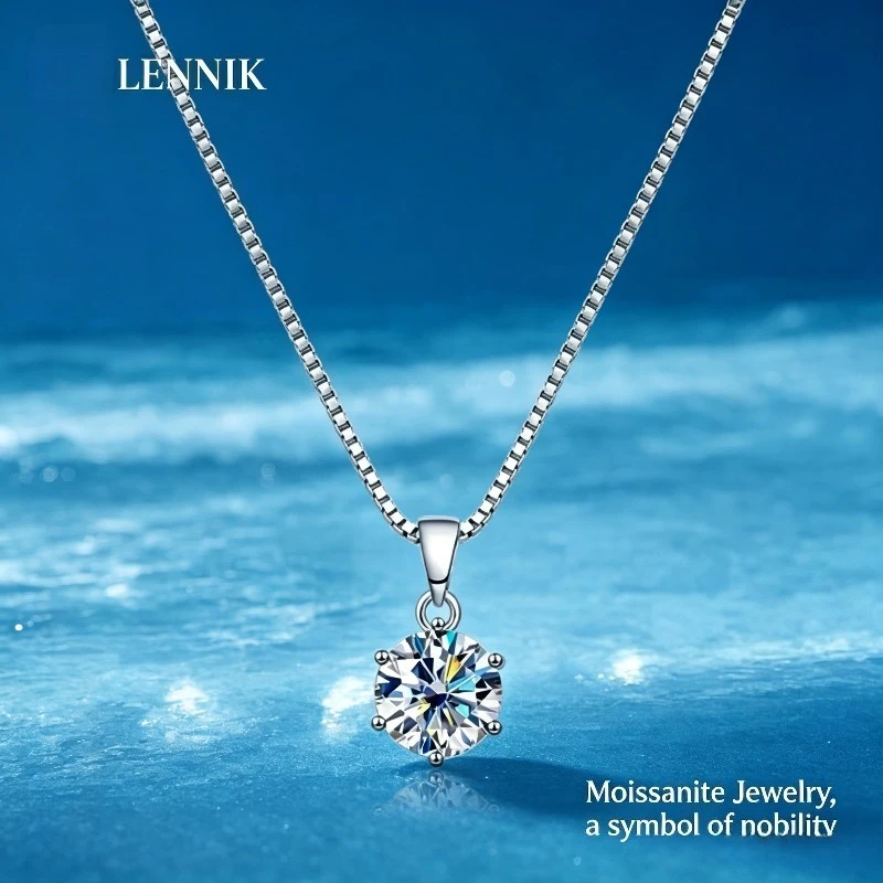 LENNIK 1 2 Carat Real Moissanite Pendant Necklace For Women 6 Prong 100% 925 Sterling Silver Wedding Party Bridal Fine Jewelry