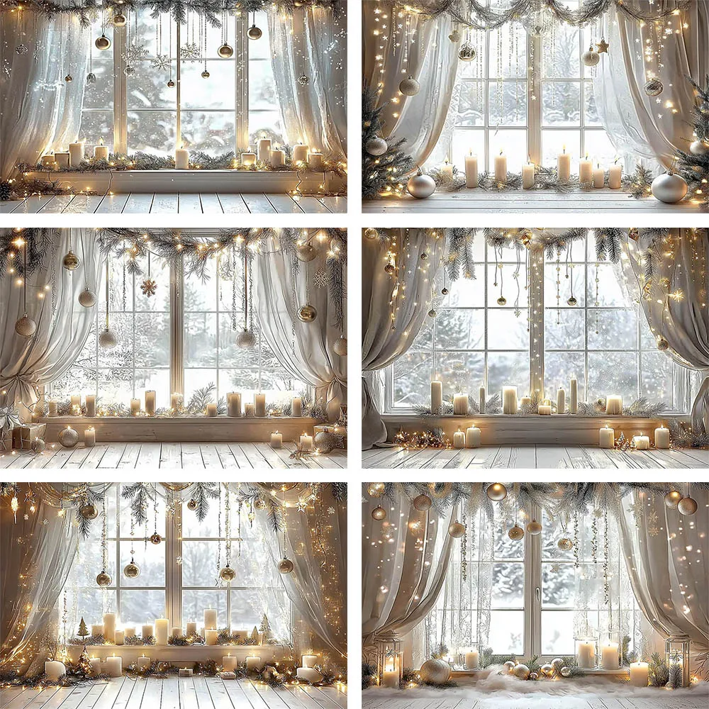 

Mehofond Christmas White Window Curtains Photography Backdrop Family Portrait Wooden Floor Candle Decor Photocall Background