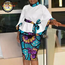 Women`s Casual African Clothing Traditional Set Dashiki Print Shirt and Ankara Skirt 2 Piece Tribal Outfits S2026009