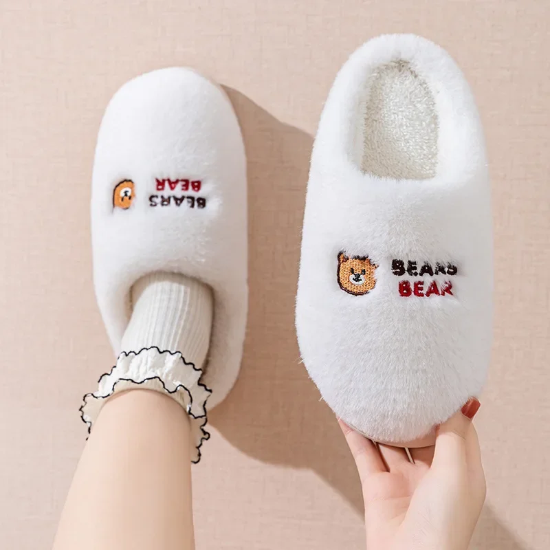 Winter Cartoon Bears Couple Cotton Slippers Cute Indoor House Casual Warm Thick Bottom Flat Toe Wrap Unisex Soft Sole Shoes