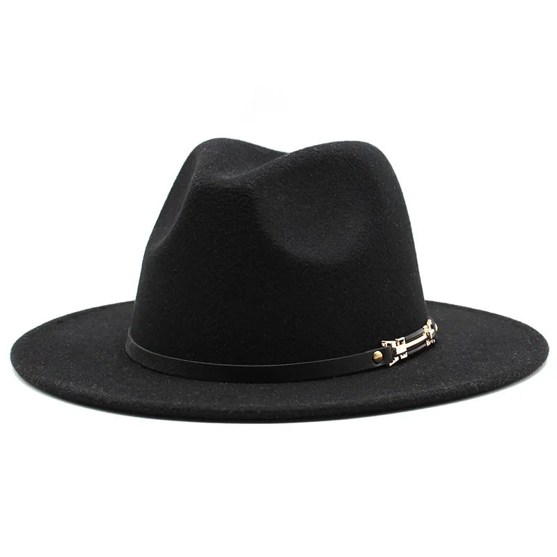 

Foreign Trade Hat Autumn And Winter Woolen Hat Black Top Hat Big Brim Simple Belt Ladies Four Seasons Fedora Hat