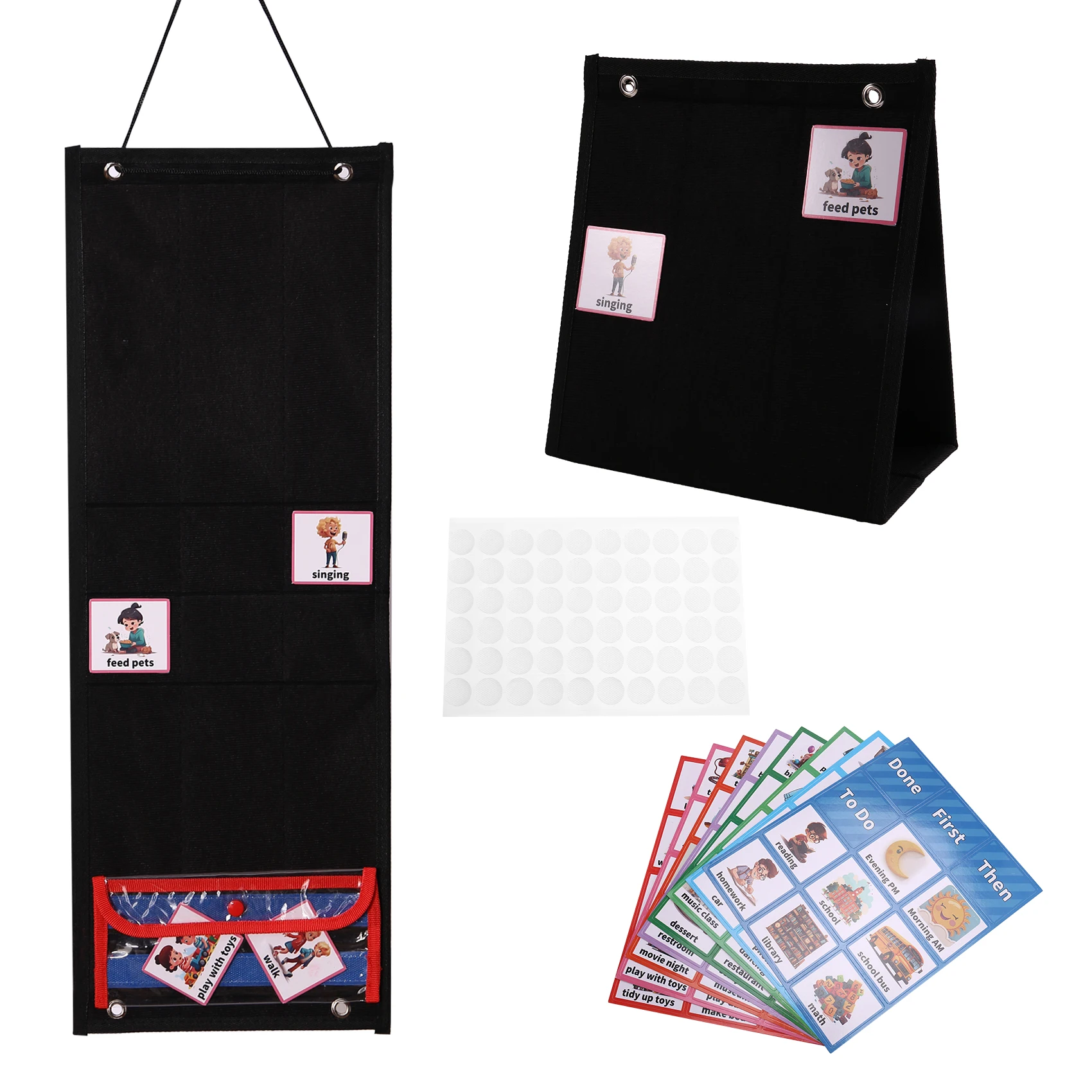 Gfc-Visual Schedule for Kids Daily Routine Chart with 70 Cards Calendar Pocket Autism Learning Behavioral Tool Black