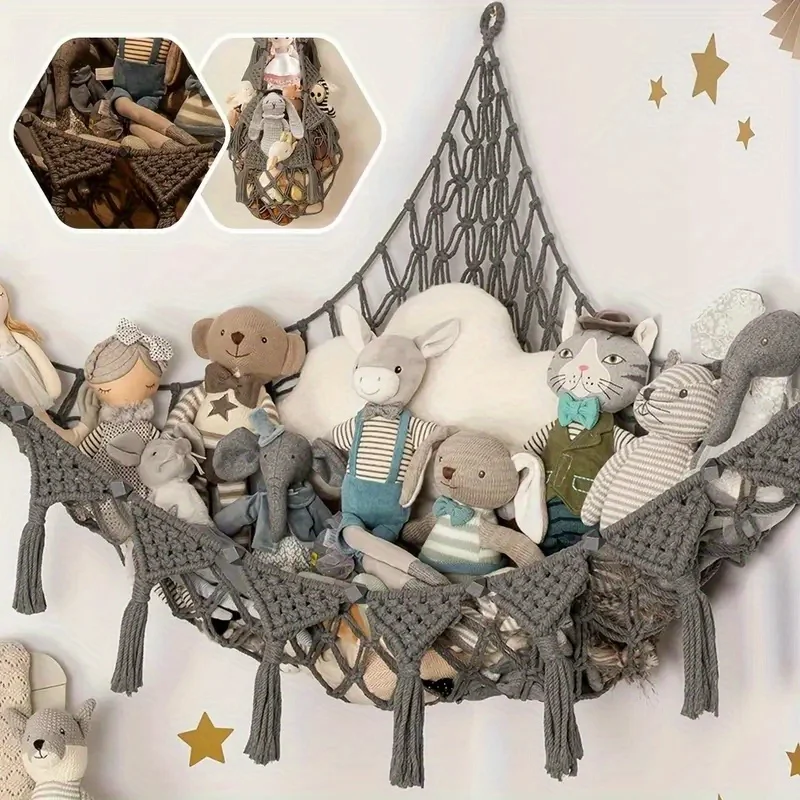 Grey Triangle Woven Plush Toy Corner Organizer (105x105x145cm) with octagonal beads and installation kit - Hand-woven cotton mesh toy storage hammock