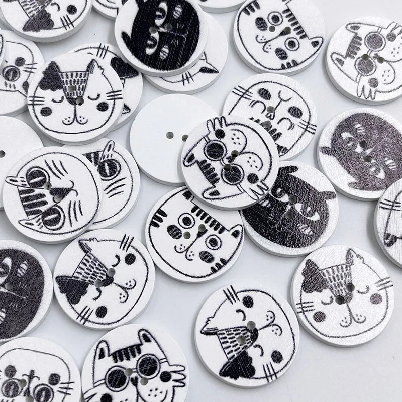 25pcs Cat Head Print Series Cartoon Wooden Buttons Handwork Sewing Scrapbooking Clothing Crafts Accessories Gift Card WB886