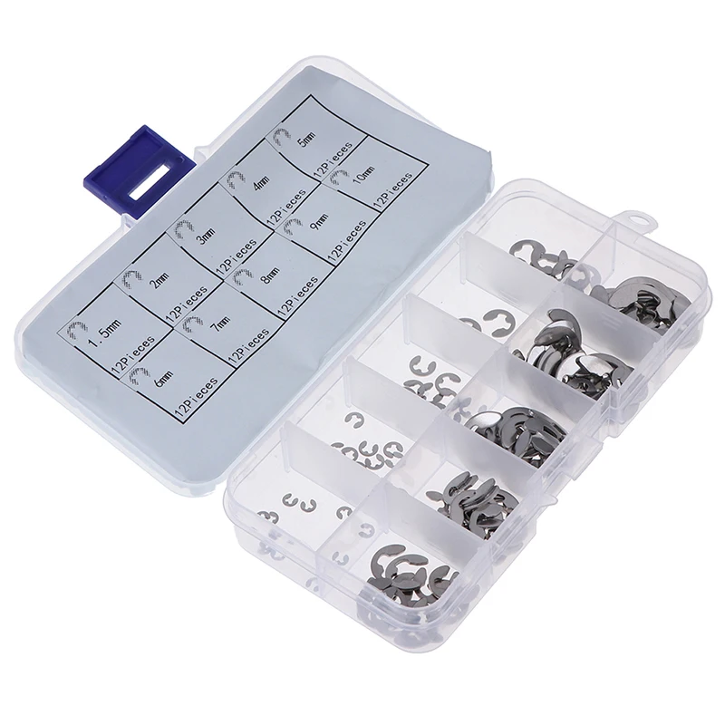 120Pcs/box Stainless Steel 304 E-Clip Retaining Circlip Assortment Kit M1.5 to M10 for Mechanical Repair And Maintenance