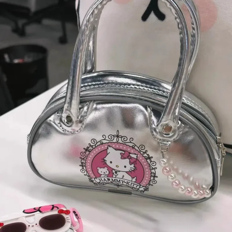 Mbti hello kitty bolsa feminina prata pequena vintage verão moda couro boston saco pérola doce bonito kawaii dos desenhos animados saco feminino