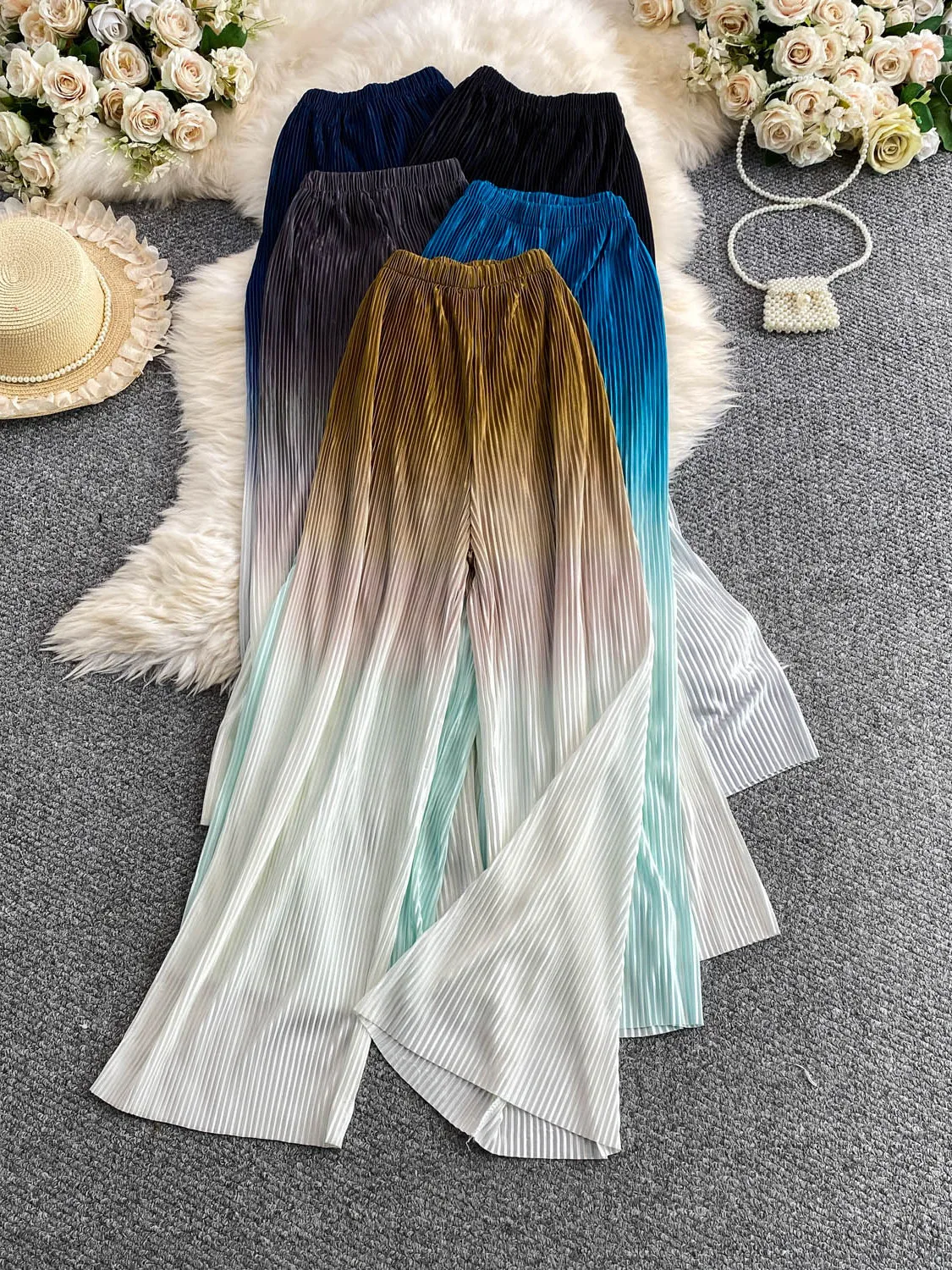 Elegant High Waist Pleated Straight Leg Pants Women's Spring Autumn High Elasticity Wide Leg Long Trousers Fashion Gradient C...