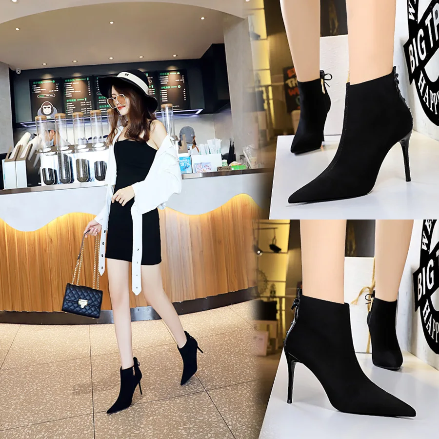 New Fashion Sexy Nightclub Slimming Slim High Heel Velvet Back Pointy Winter Short Boots Women Shoes туфли женские женская обувь