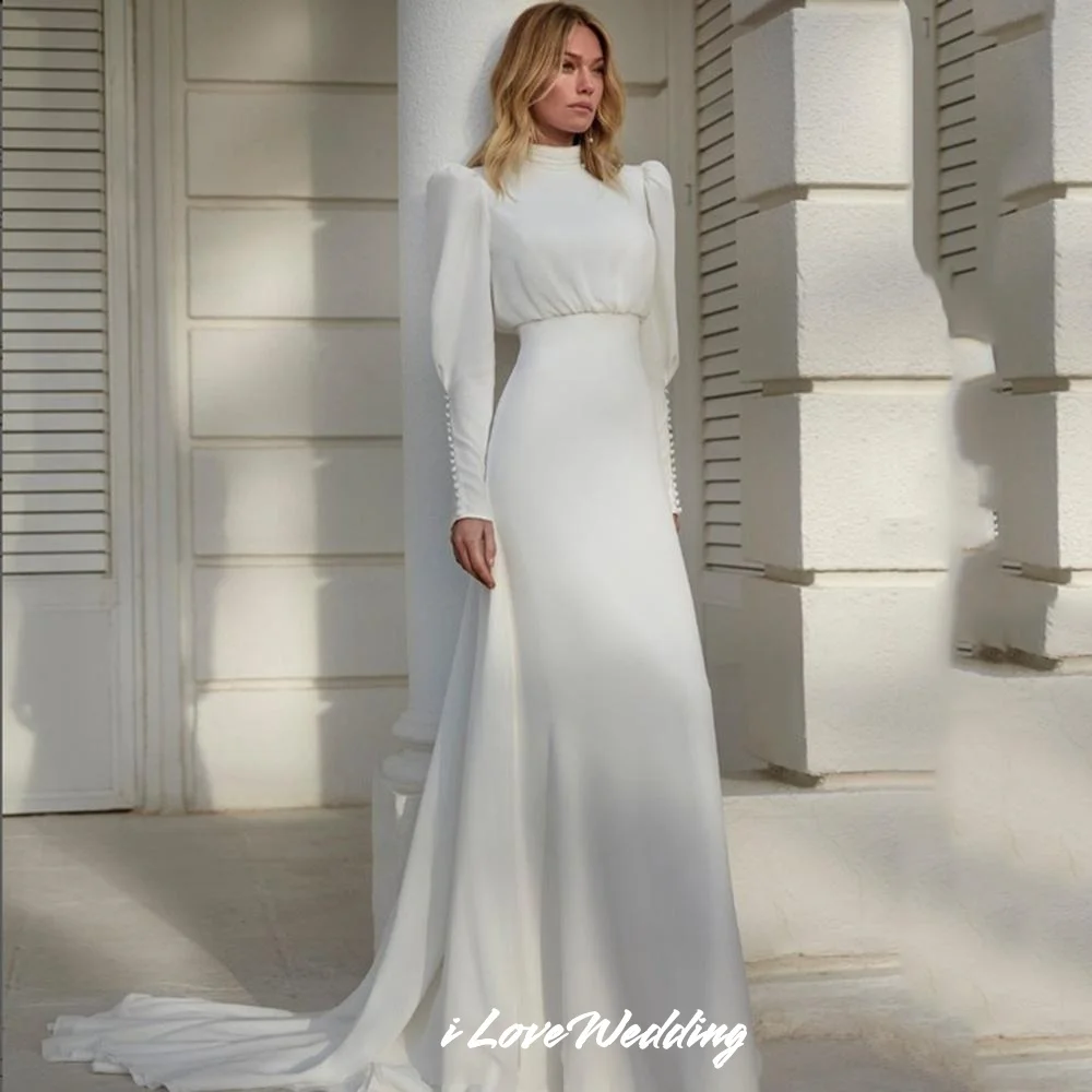 فساتين زفاف بسيطة برقبة عالية 2025 فانوس كم طويل حورية البحر العربية زي العرائس زائدة إسلامية دبي مطوي حسب الطلب #2