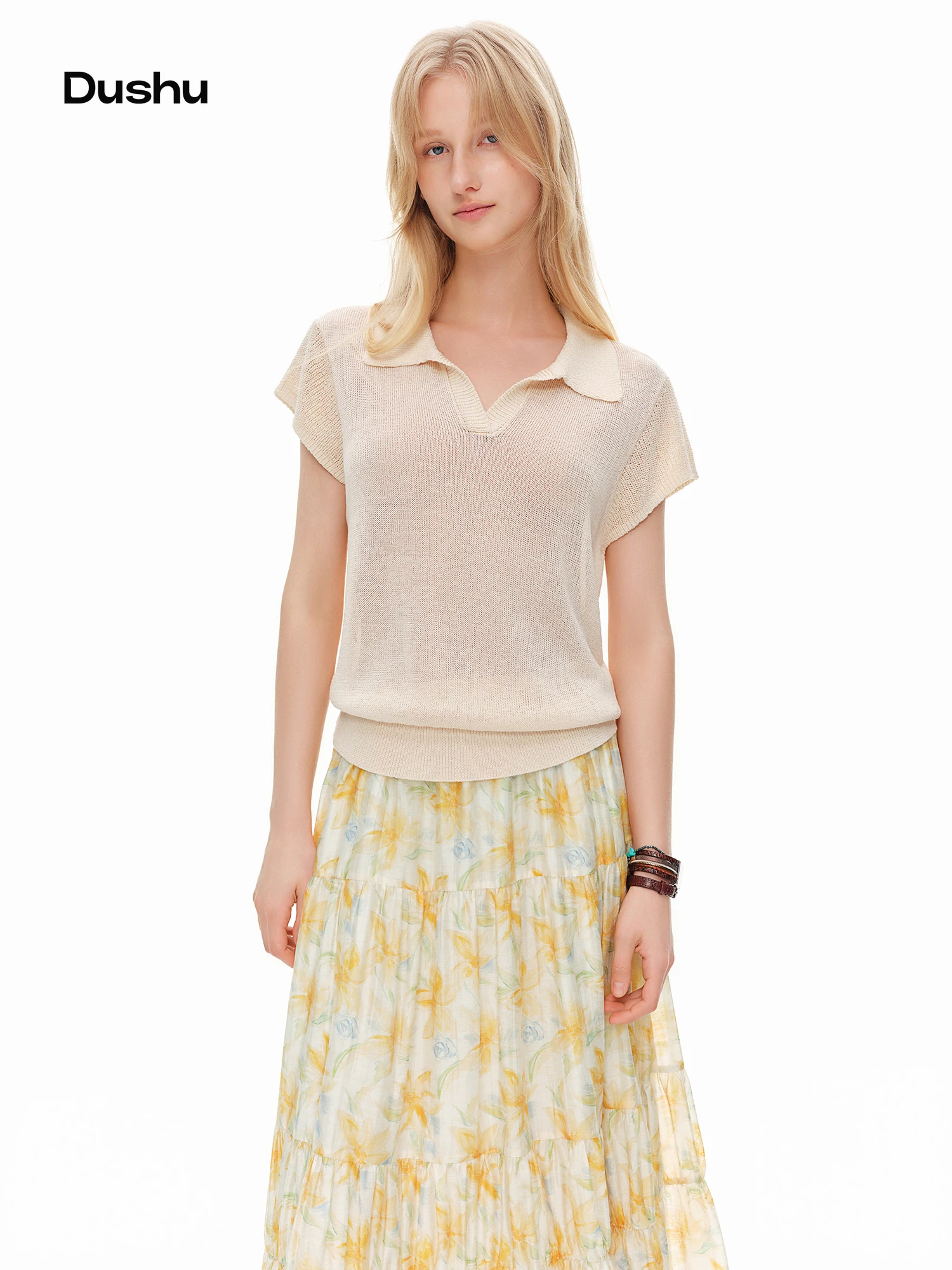 

DUSHU 2026 Summer Women Knit Turn-down Collar Pullovers Short Sleeve Cool Loose Straight Casual Solid Ladies Blouse Tops