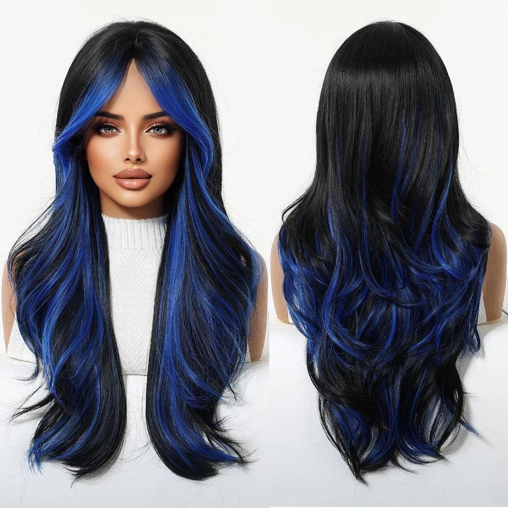 تجعيد الشعر الاصطناعية المتموجة ذات الجودة العالية مقاس 24 بوصة باللونين الأسود والأزرق مناسبة للشعر المستعار اليومي الطبيعي والرقيق #5