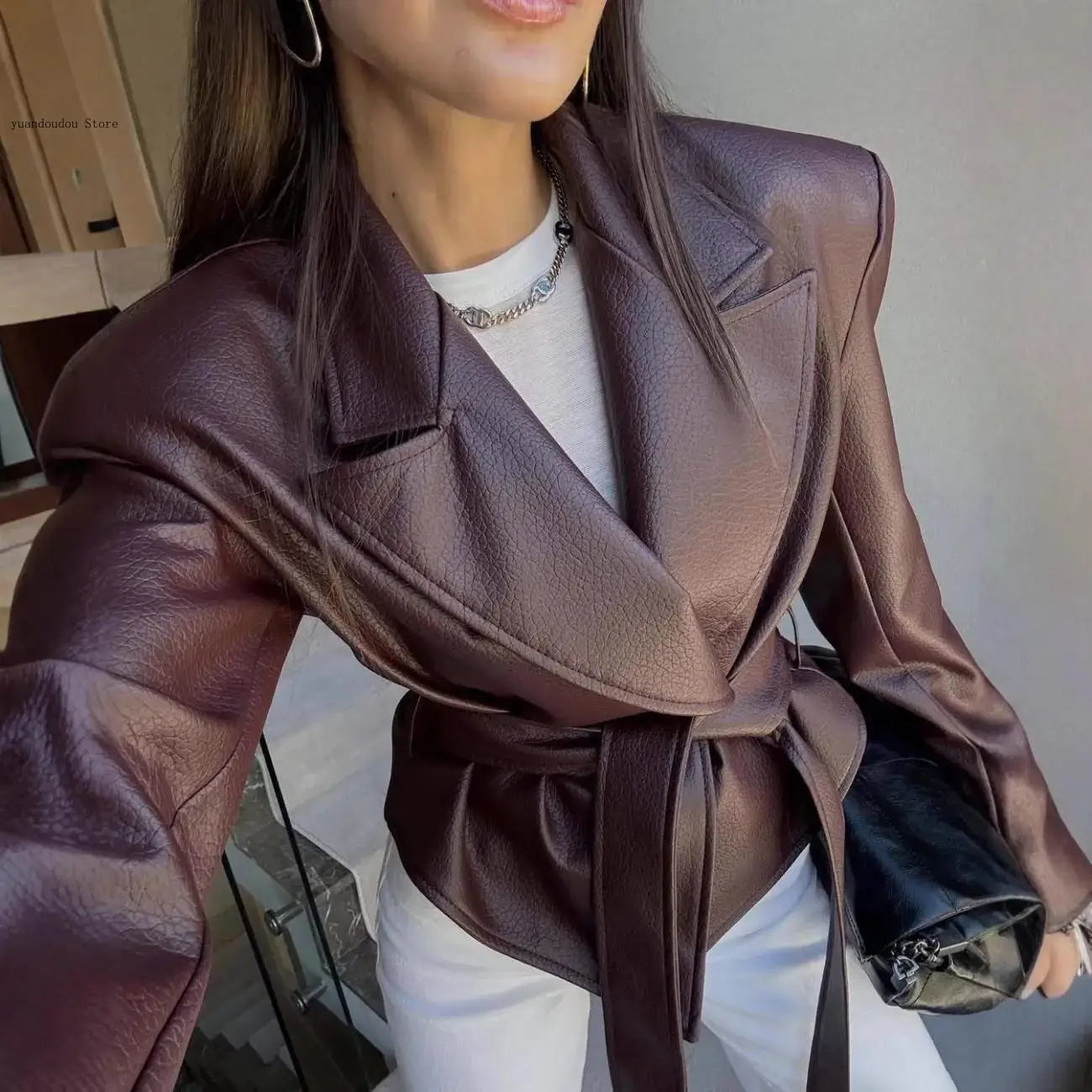 Women with Belt Biker Jacket Women Coat Autumn Winter Women's Clothing Motorcycle Cool Strap Temperament Leather Jacket