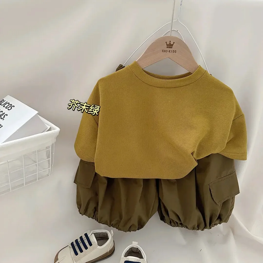 

Summer Children's Set Fashion New Boys and Girls' Casual Cotton and Hemp Solid Color Short sleeved Top+Shorts 2-piece Set