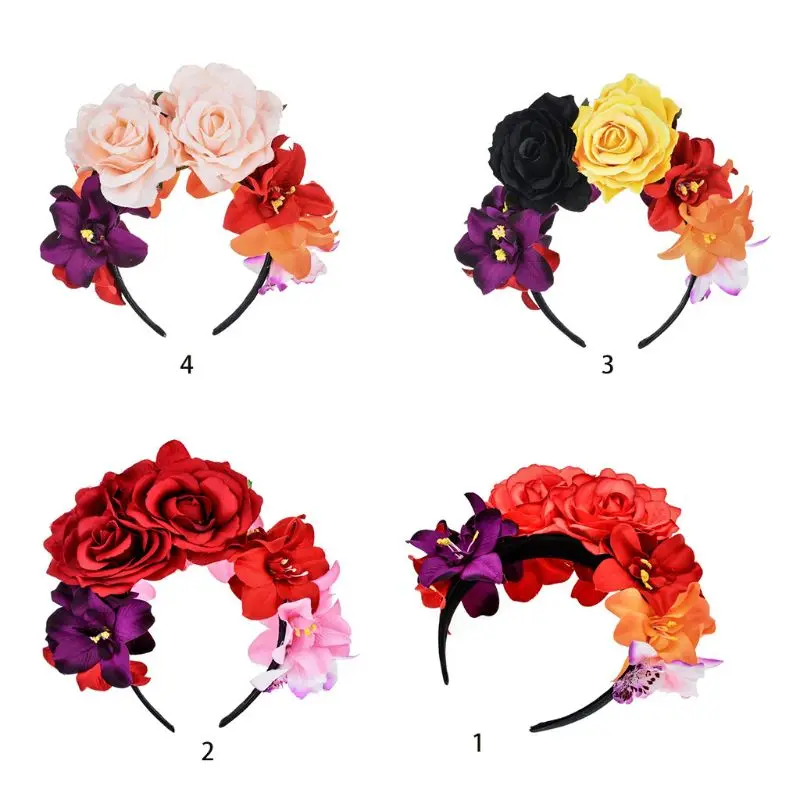 E15E Womens Simulated Rose Flower Headband Day of The Dead Halloween He