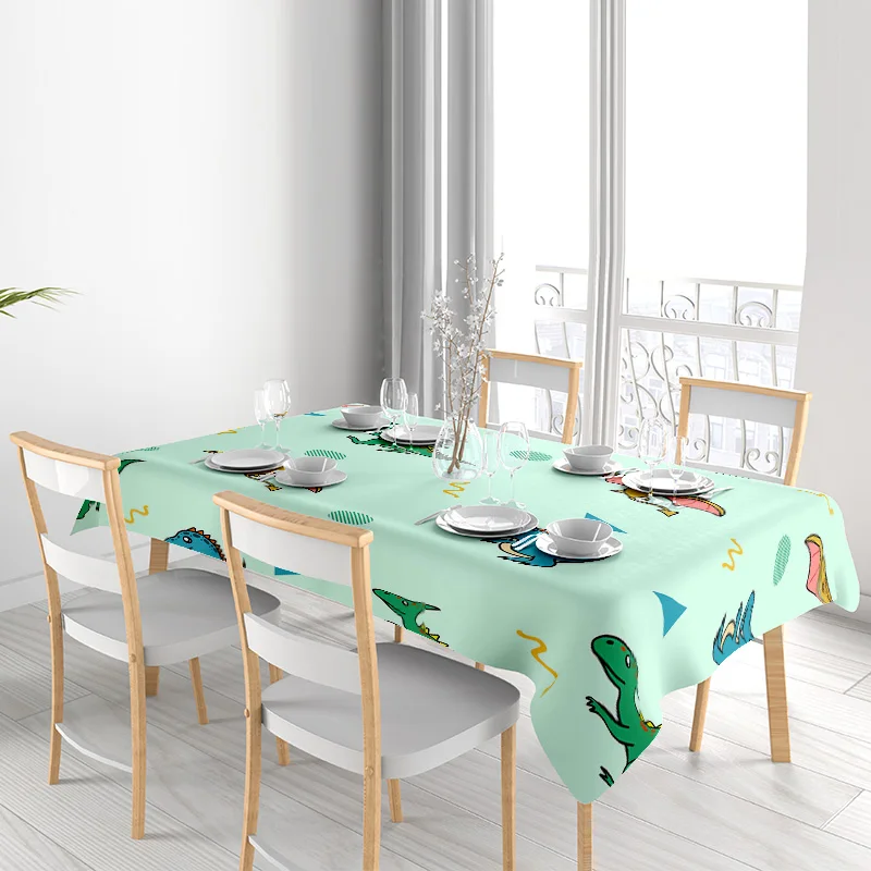 Cartoon Print Tablecloth Polyester Home Decoration Plaid Blue Green Waterproof Non-Slip Dining Linen Bedding