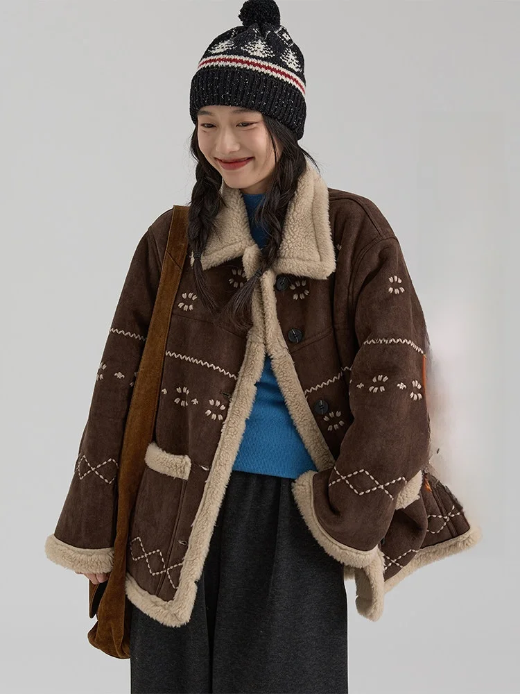 

Женская утепленная куртка Dwind с вышивкой и отделкой из овечьей шерсти, теплая верхняя одежда для повседневной носки, приталенный крой, короткая длина, на пуговицах