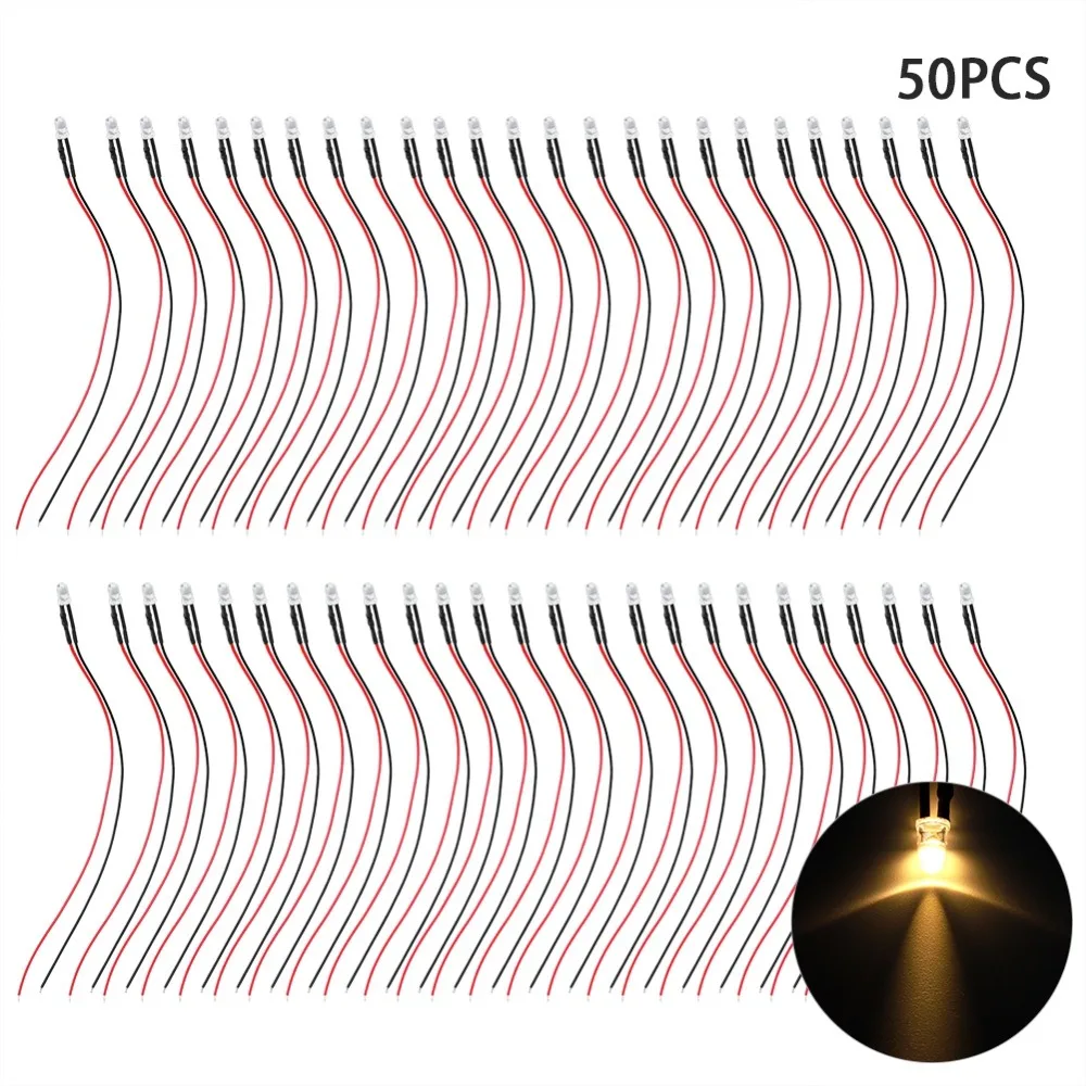 

50PCS 5mm Round Head Pre Wired Light Emitting Diode Warm White 12V Prewired Light Emitting Diodes Wired Light Emitting Diodes