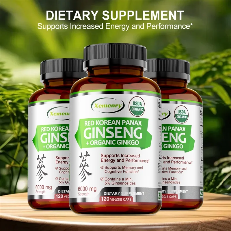 Korean Red Panax Ginseng + Ginkgo Biloba - Supports Heart Health and Muscle Function, Boosts Energy, and Athletic Performance