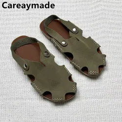 Careaymade-Summer Genuine Leather slipper Hand-Stitched Simple Comfortable big size Women's Sandals leisure Flat man Beach shoes