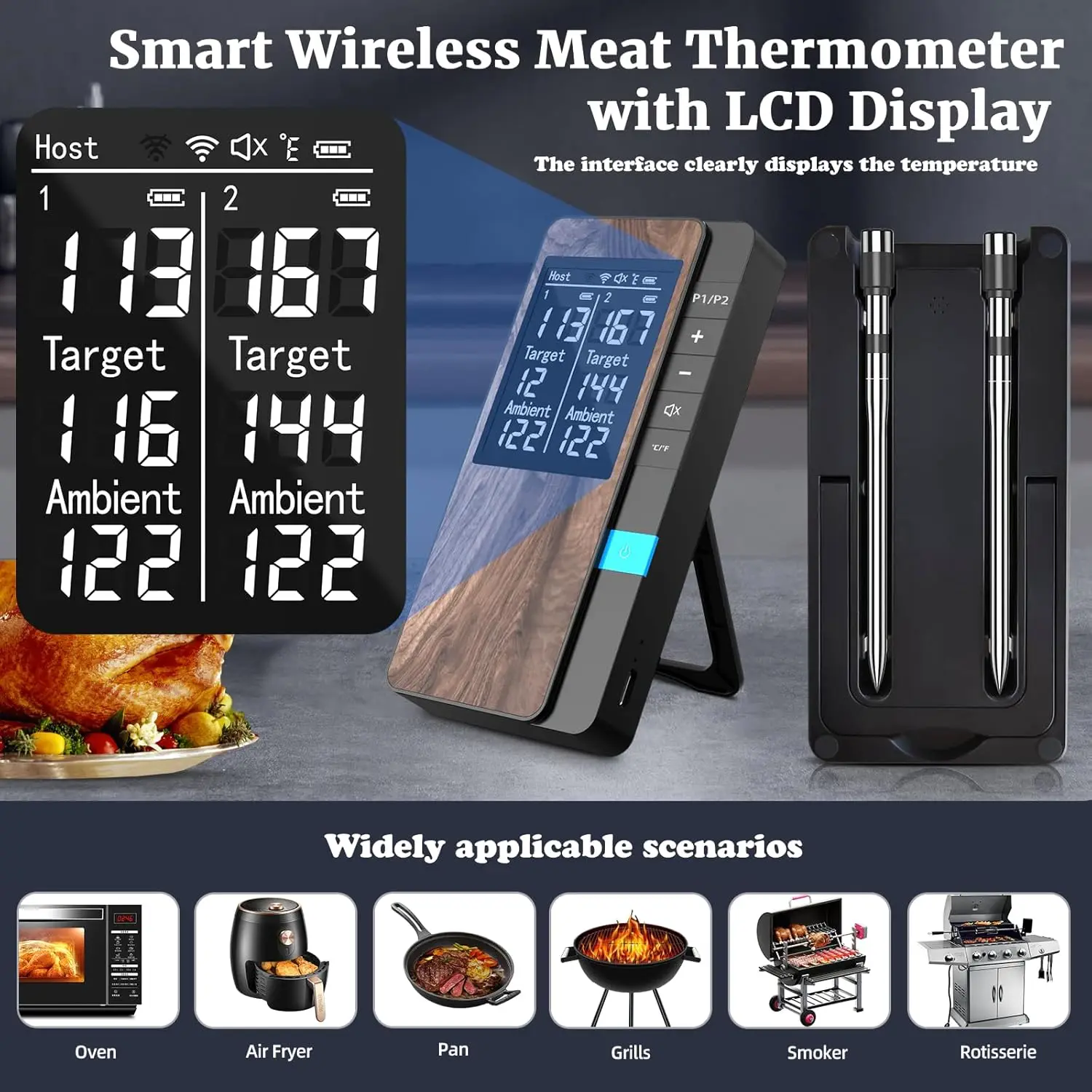 Wireless Meat Thermometer-Multi Sensors Digital Food Thermometer With Ultra-Thin Probes, App&Host Control- Accuracy Bluetooth