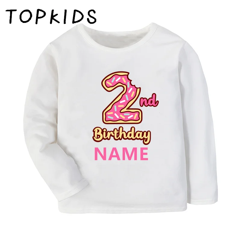 Customize Name Kids T-shirts Donuts My 1 2 3 4 5 6 7 8th Years Birthday Girls Clothes Baby Children Long Sleeve T shirt Present