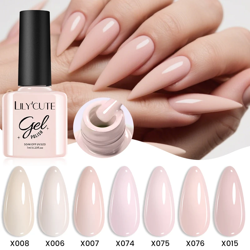 LILYCUTE 7ml Esmalte de uñas en gel rosa desnudo Gel con purpurina Gel UV semipermanente Soak off UV LED Nail Art Base Top Coat Suministros para uñas