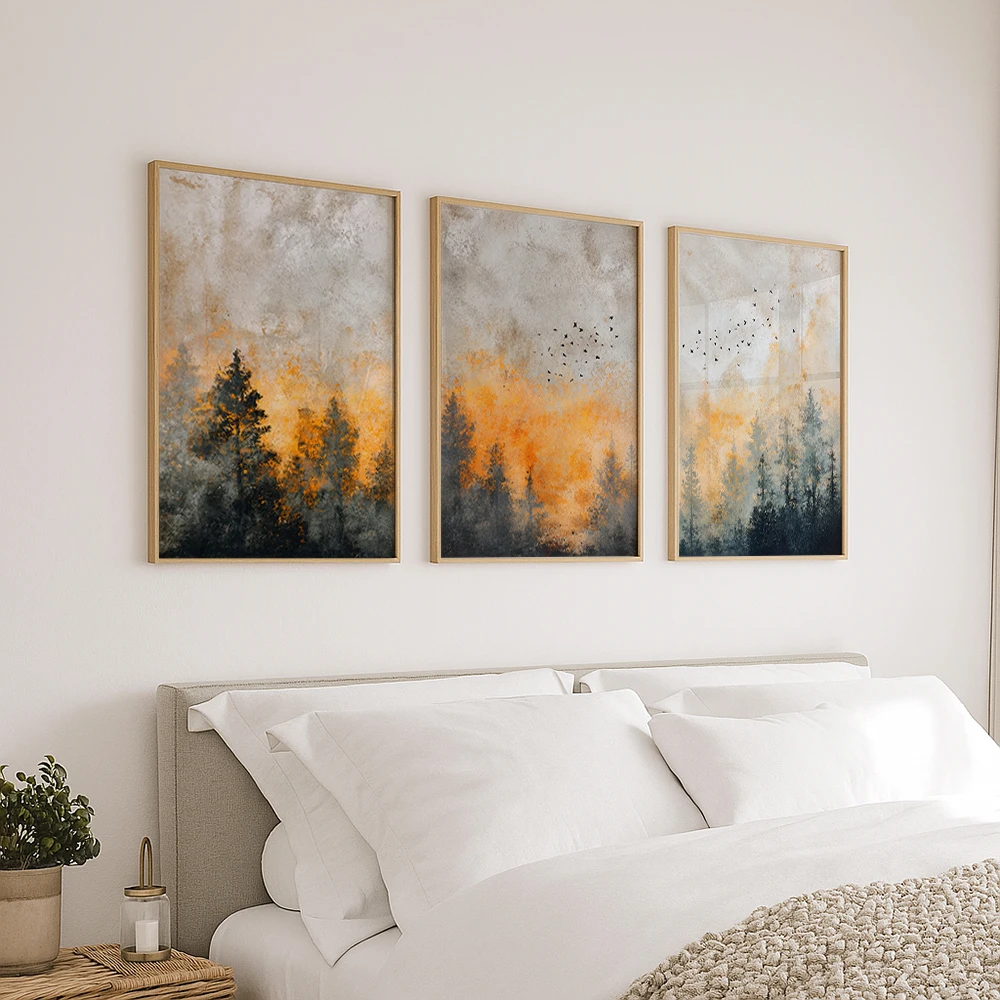 Set of 3 Misty Forest Birds Wall Art Prints Unframed Modern Landscape Decor for Bedroom Living Room Home Decor Artwork Gift