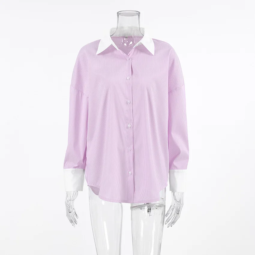 المرأة الوردي شريطية طويلة الأكمام قميص التلبيب تقسم اللون Preppy المرأة بلوزة فضفاضة قميص مكتب سيدة ركاب الخريف الربيع #6