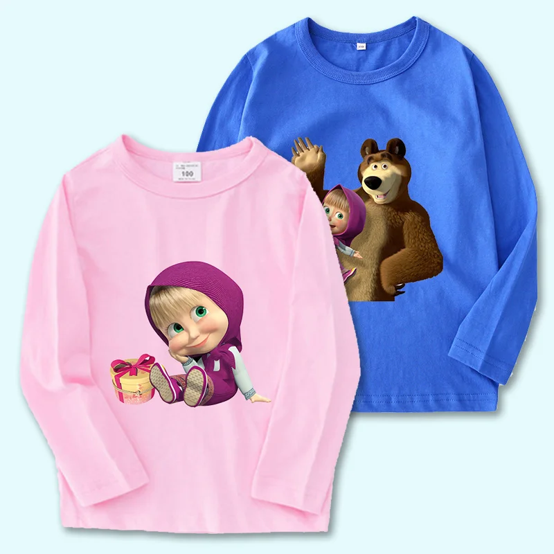 Mashas Bears Long Sleeve T-shirt for Children Kids Cartoon Printed Pink Blue Tops Clothes Autumn Spring Round Neck Tee Girl Boy