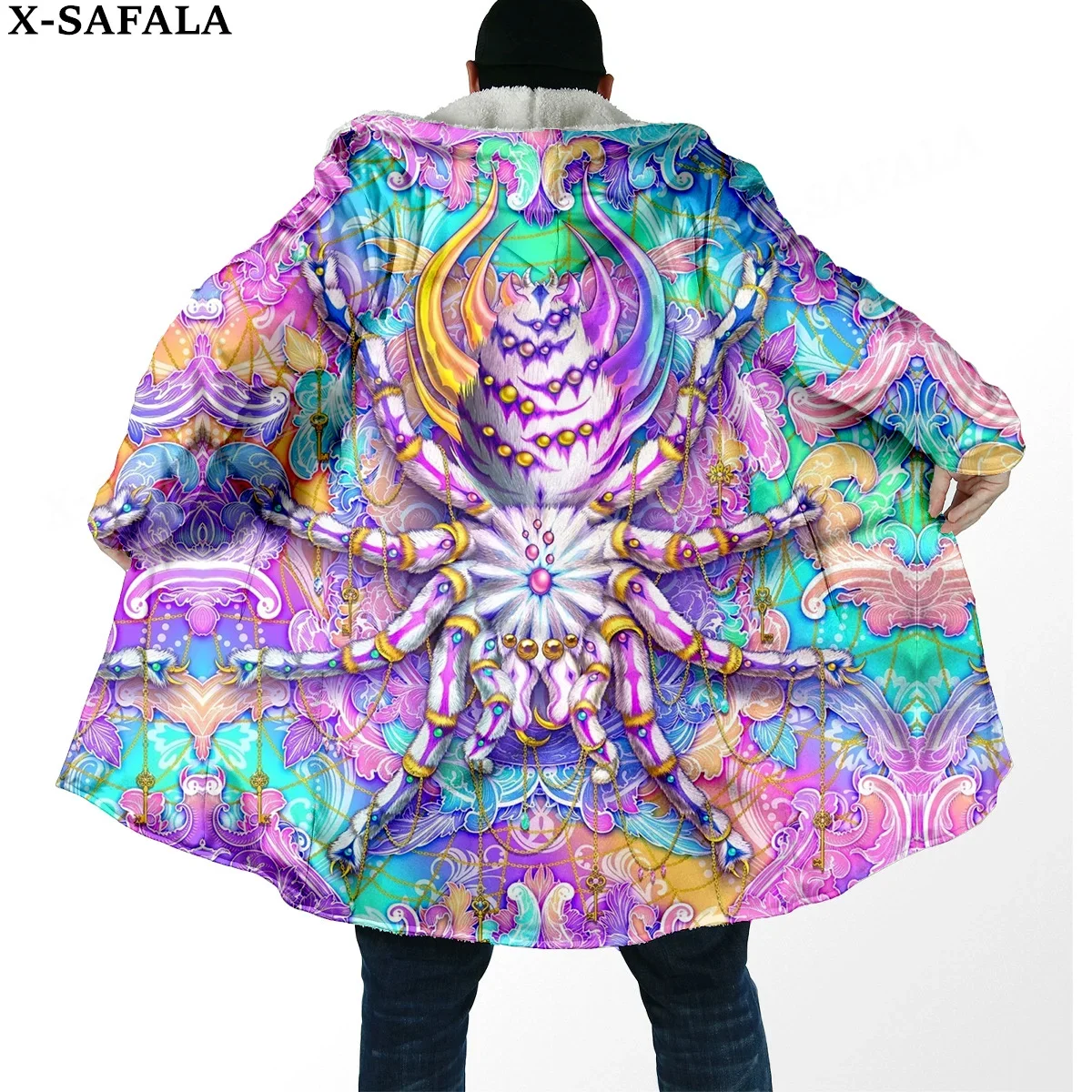 Gothic Aesthetic Weed Paychedelic  Print Thick Warm Hooded Cloak Men Overcoat Coat Windproof Fleece Cape Robe Hooded Blanket-4