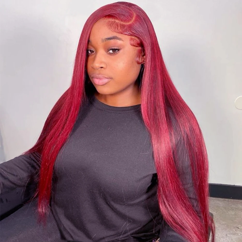 

32 дюйма 99j Бордовый 13x5 Hd Кружевные фронтальные парики Человеческие волосы Прямые человеческие волосы Кружевные передние предварительно сорванные парики для женщин