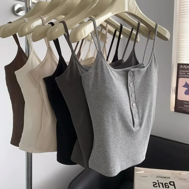 Gray Strap Vest Women's Outerwear Summer Inner Match with Chest Pad Beautiful Back Bra Integrated Short Base One Shoulder Top