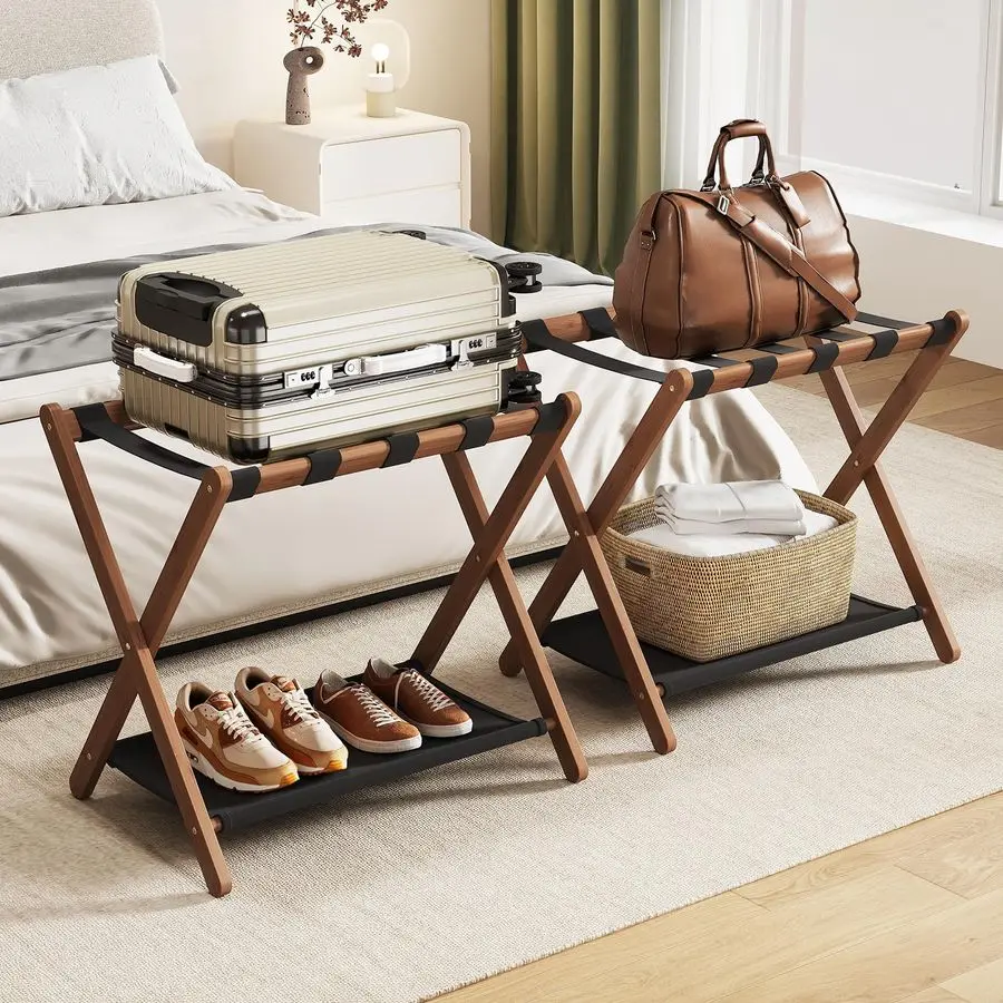 

Полностью собранные багажные стойки из орехового дерева, комплект из 2 штук, бамбуковая подставка для багажа 26.77 для гостевой комнаты, 5 нейлоновых ремней, складные, для чемоданов