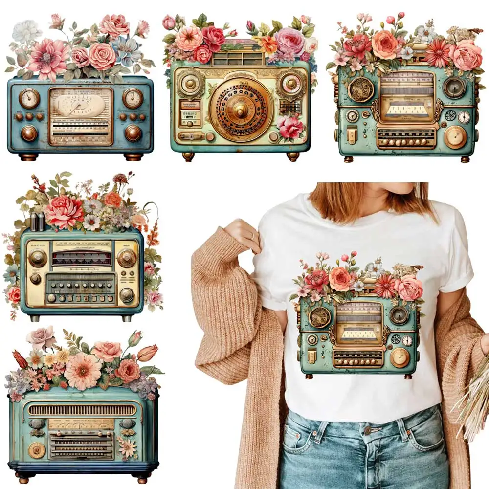 Retro Radio Iron-on Transfer For Clothing DIY A-Level Washable T-shirt Thermal Sticker Beautiful Flowers Design Patches Applique