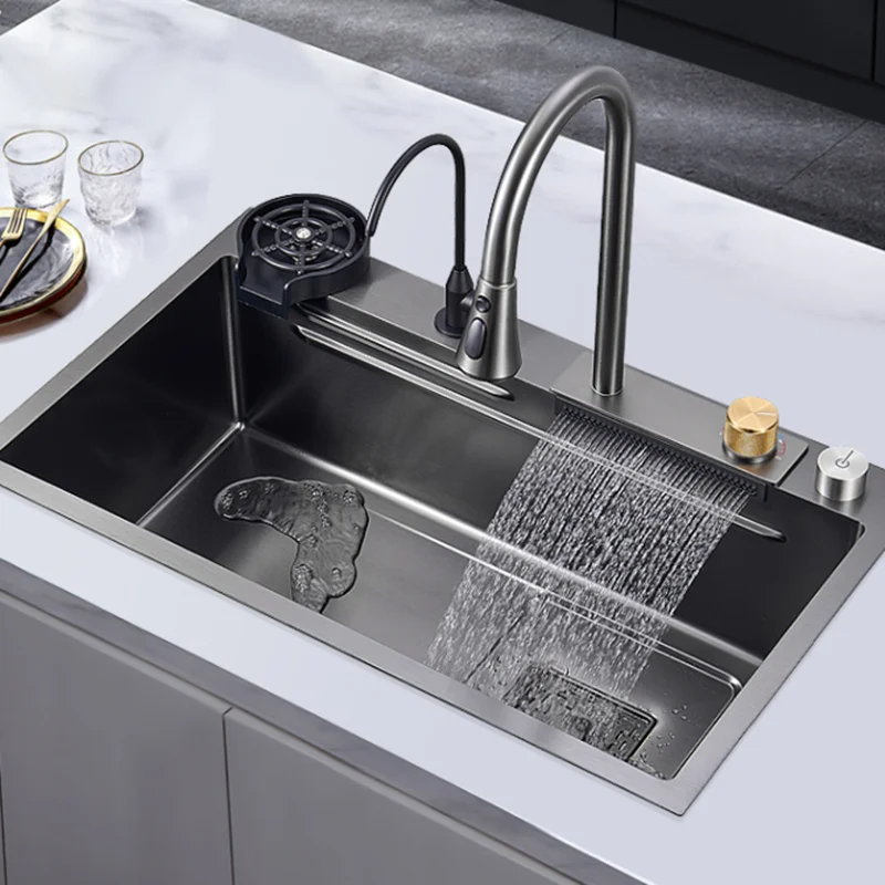 

Kitchen Sink Waterfall Faucet Pullout Water Tap Accessories Application Single Stainless Steel Bowl Basin