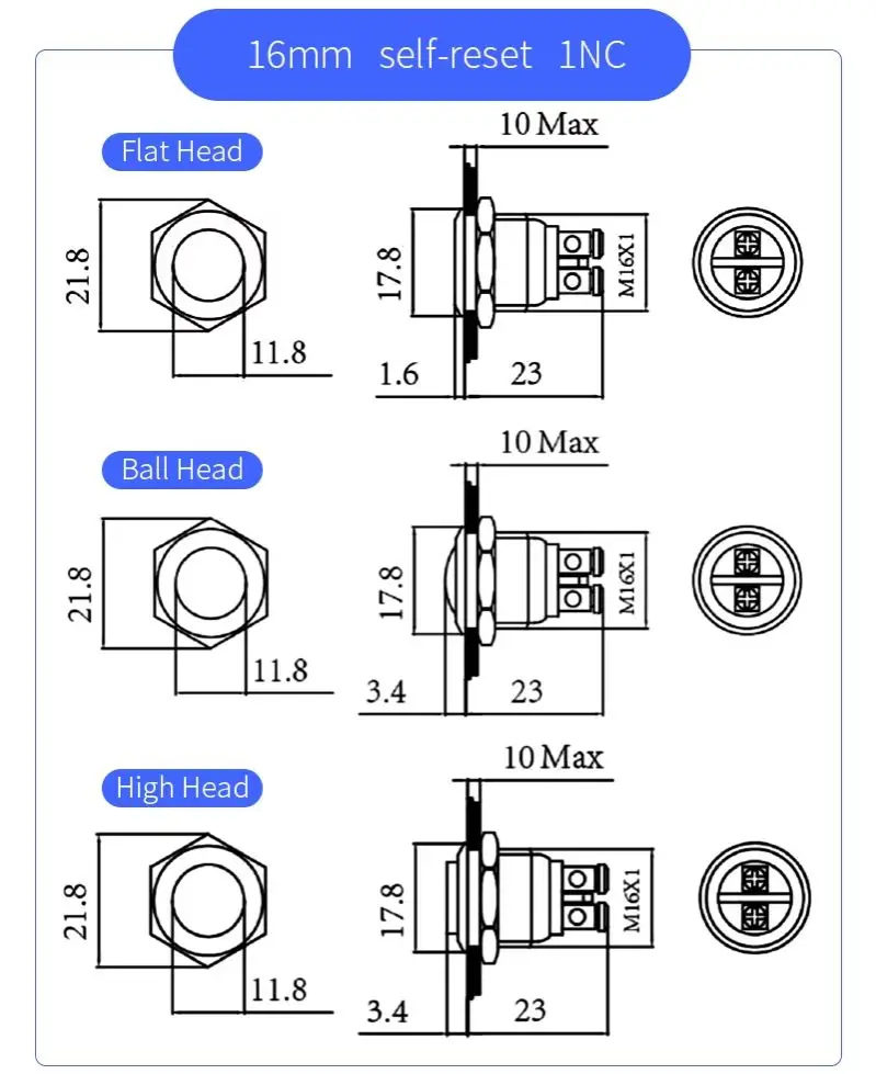 Przełącznik przyciskowy 16 mm NC Normalnie zamknięty Mini Elektryczny Wodoodporny Chwilowy 1NC Małe metalowe przełączniki Start Stop VaneAims — zdjęcie 7