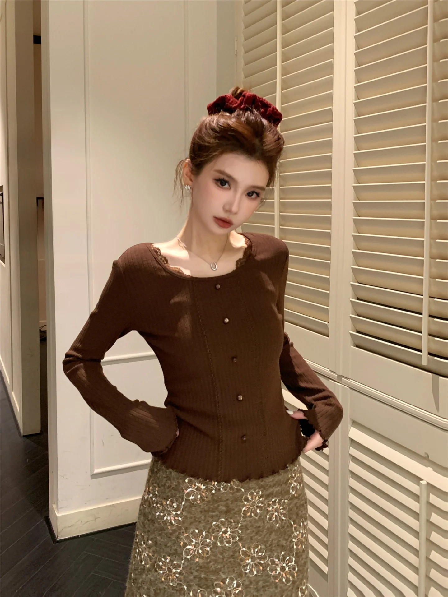 

Soft Knitted Long Sve Women's Top Lace Trim Slim Fit Base Layer Cheese Sle Korean Commute Faion Warm Regular Length