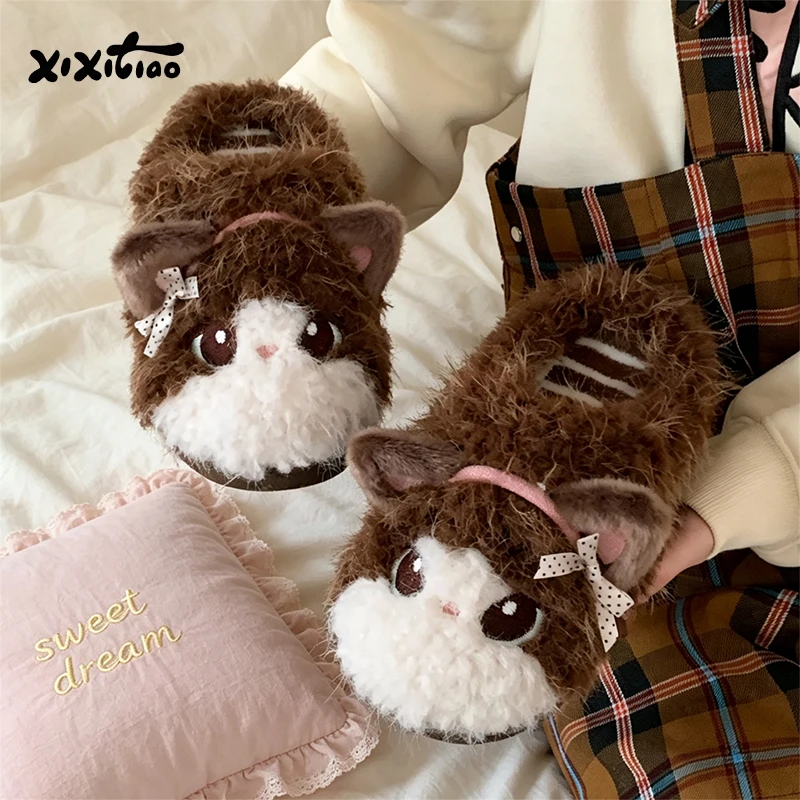 XIXITIAO New Winter Cartoon Cotton Slippers for Women Soft Warm Fashion Cute Plush Cat Home Slippers Anti-slip Closed-toe Shoes