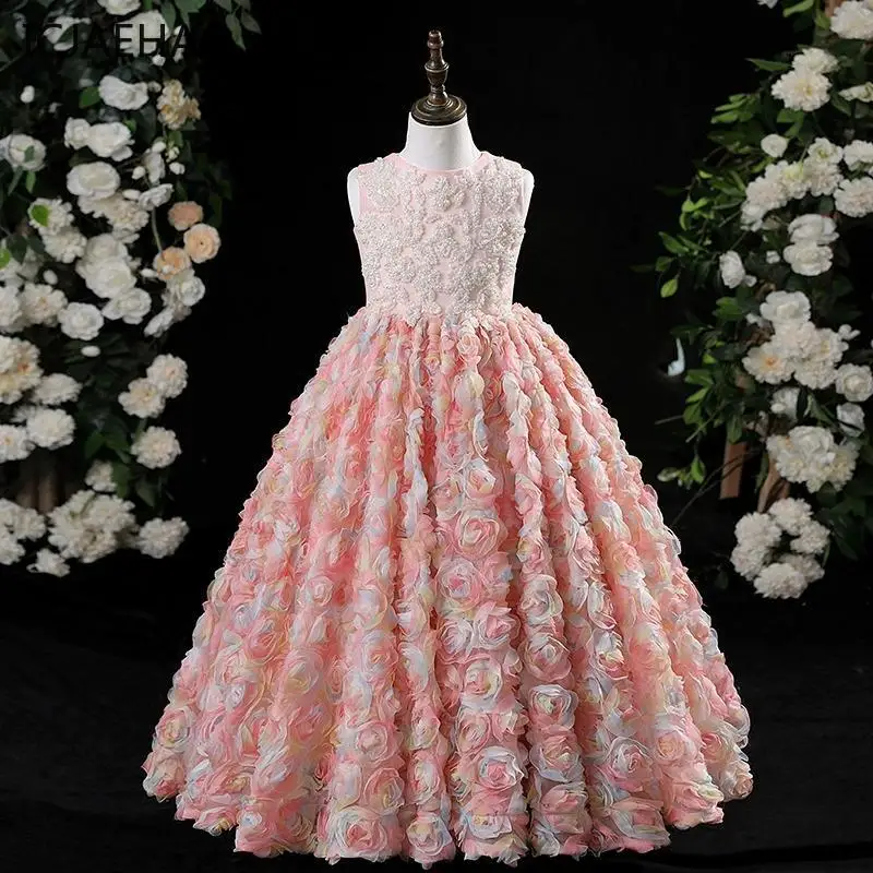 Wedding Party Dresses Kids Piano Performance Vestidos Children Pageant Princess Ball Gown Girls First Communion Flower Outfit