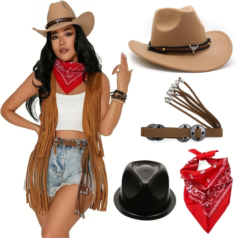 

Женский богемный костюм пастушки в западном стиле с красным шарфом и поясом для тематических вечеринок на Хэллоуин