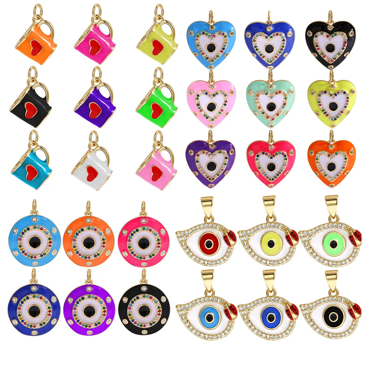 Enamel Evil Eye Round Heart Cup Pendant Colorful Zirconia Jewelry Making Bracelet Necklace Earrings DIY CZ Accessories Wholesale