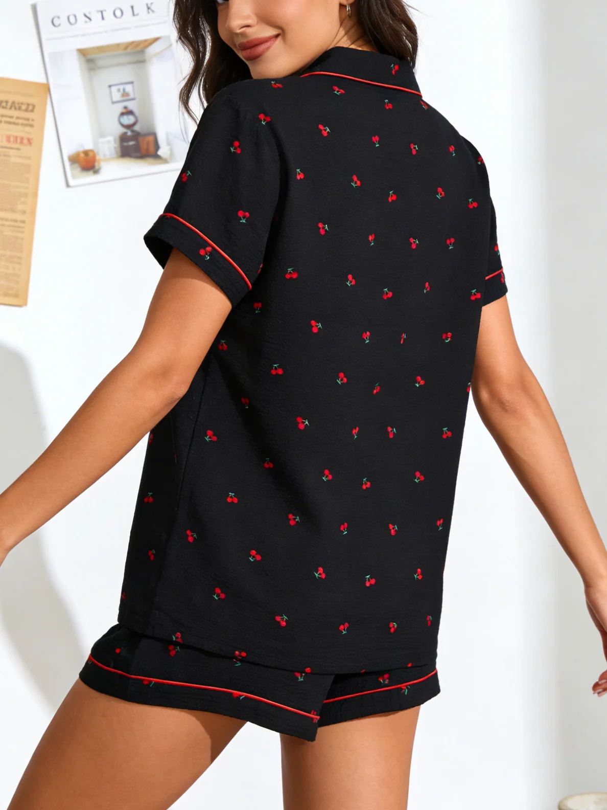 Women Pajamas Cardigan Lapel Short Sleeve Shorts Two Piece Set Loungewear Spring Summer Cute Cherry Print Black Background Loose