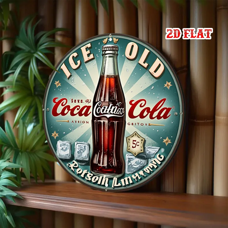 مسطح ثنائي الأبعاد، قطعة واحدة من زجاجة الصودا العتيقة لتزيين الحائط المعدني القديم - علامة إعلان المشروبات الكلاسيكية، ألوان ريترو باللون الأحمر والأزرق المخضر، جراج العشاء #4