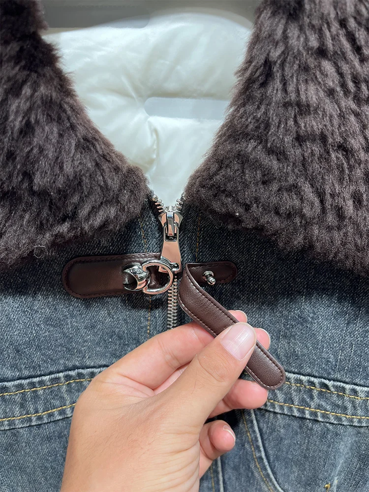 2025 Fashion Women Real Merino Sheep Fur Collar Denim Down Jacket Winter Warm Thick Luxury Clothing Parkas Female Puffer Jacket